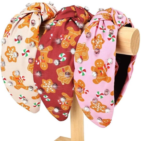 Holiday Gingerbread Headbands Women Girls Rhinestone Fabric Gift Pack main image 5